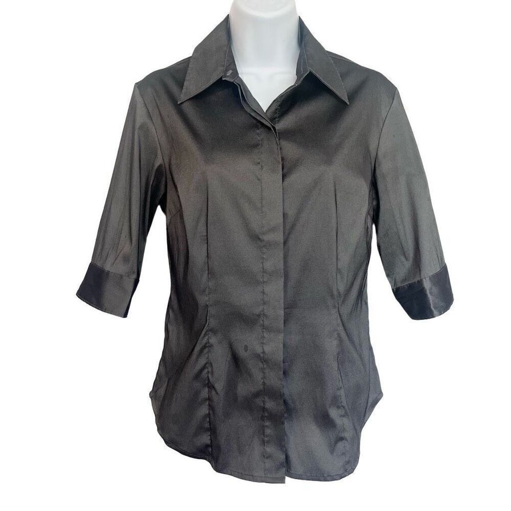 Express Women’s Gray Button Down Stretch High Sheen Tailored Size 3/4